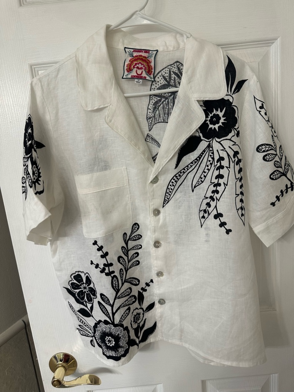 Johnny Was White Short-Sleeve Button-Down Shirt with Black Floral Print